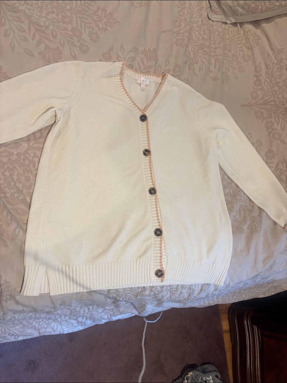 Belle by Kim Gravel Cream Cardigan with Tan Trim